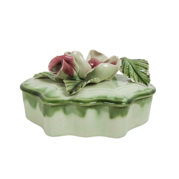 VINTAGE 40s 50s Burgundy Red Rose and Green Porcelain Trinket Box - Picture 3 of 9